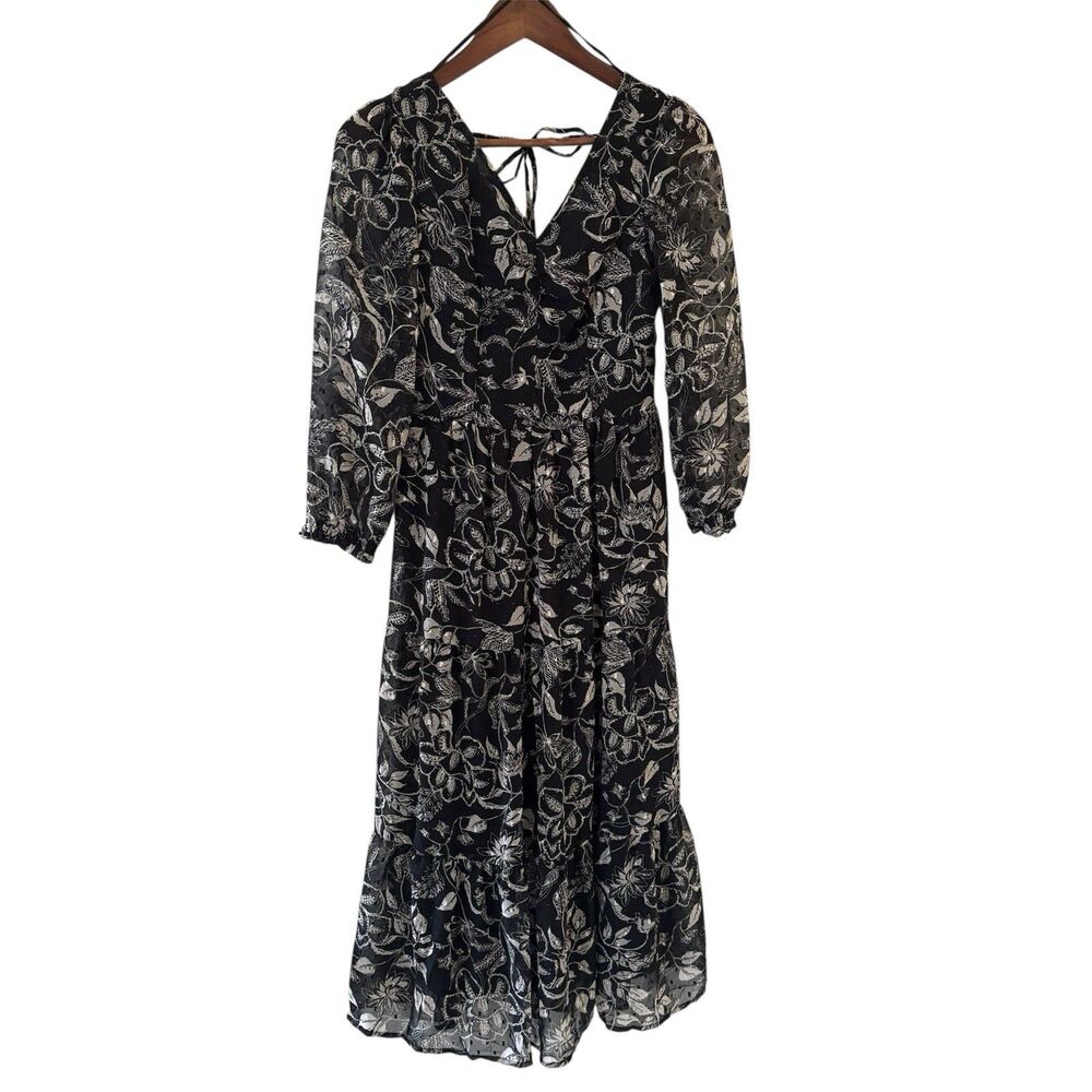 Dark Romantic Bohemian Womens Tiered Midi Dress Black S Floral Indie‎ Concert